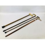 4 X VARIOUS WALKING STICKS TO INCLUDE TWO HORN HANDLED EXAMPLES HAVING SILVER BANDING