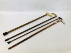 4 X VARIOUS WALKING STICKS TO INCLUDE TWO HORN HANDLED EXAMPLES HAVING SILVER BANDING