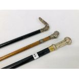 3 X VINTAGE WALKING STICKS TO INCLUDE TWO IMPRESSIVE SILVER EXAMPLES