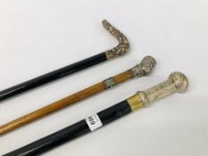 3 X VINTAGE WALKING STICKS TO INCLUDE TWO IMPRESSIVE SILVER EXAMPLES