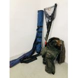 VARIOUS LANDING NETS, FISHING RODS, ROD TUBES, SHAKESPEAR FOLDING SEAT, ROD RESTS ETC.