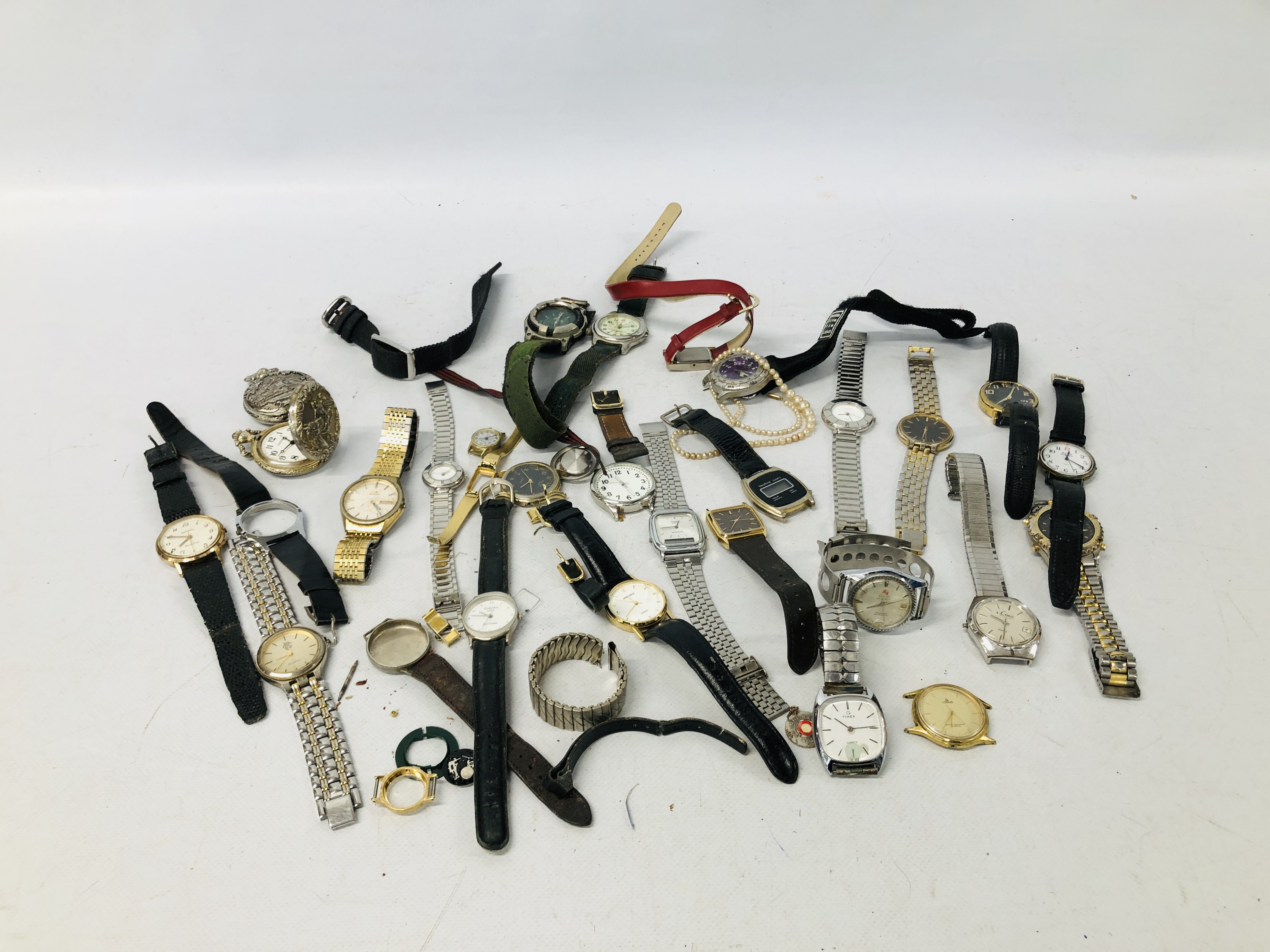 TIN OF ASSORTED WATCH PARTS & ACCESSORIES ETC.