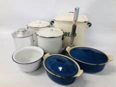 QUANTITY OF VINTAGE ENAMELLED KITCHEN STORAGE CONTAINERS ALONG WITH A SMITHS POTATO CRISPS GLASS