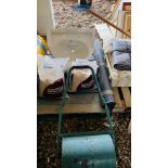 A PEDESTAL SINK (UNUSED), GARDEN ROLLER, TWO BAGS SAND, PART ROLL DAMP PROOF MEMBRANE,
