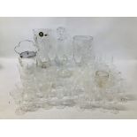 2 X HEAVY CUT GLASS CRYSTAL VASES ALONG WITH VARIOUS VINTAGE ETCHED GLASSES, BISCUIT BARREL ETC.