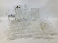 2 X HEAVY CUT GLASS CRYSTAL VASES ALONG WITH VARIOUS VINTAGE ETCHED GLASSES, BISCUIT BARREL ETC.
