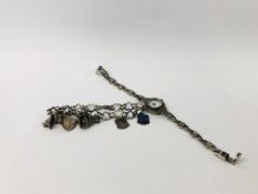 VINTAGE SILVER CHARM BRACELET AND 1 VINTAGGE MARCASITE SILVER WATCH