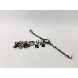 VINTAGE SILVER CHARM BRACELET AND 1 VINTAGGE MARCASITE SILVER WATCH