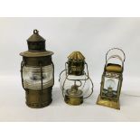 THREE BRASS OIL LANTERNS, ONE OIL LAMP A/F, TWO CONVERTED INTO LIGHTS - SOLD AS SEEN.