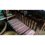 WOODEN GARDEN BENCH WITH A STRIPPED SEAT CUSHION, W 127CM.