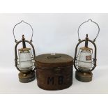 PAIR OF VINTAGE BRITISH MADE TILLY LAMPS MARKED "VERITAS" ALONG WITH A VINTAGE TIN HAT BOX.