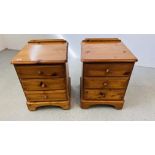 A PAIR OF DUCAL HONEY PINE THREE DRAWER BEDSIDE CHESTS EACH W 47CM, D 45CM, H 61CM.