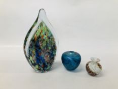 AN ART GLASS STUDIO PIECE HEIGHT 28CM. ALONG WITH AN IRIDESCENT VASE HEIGHT 10CM.