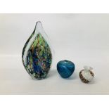 AN ART GLASS STUDIO PIECE HEIGHT 28CM. ALONG WITH AN IRIDESCENT VASE HEIGHT 10CM.