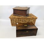 VINTAGE OAK WRITING BOX (CORNER CHIP) ALONG WITH A VINTAGE INLAID ROSEWOOD SEWING BOX AND CONTENTS