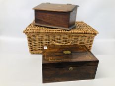 VINTAGE OAK WRITING BOX (CORNER CHIP) ALONG WITH A VINTAGE INLAID ROSEWOOD SEWING BOX AND CONTENTS