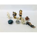 COLLECTION OF CABINET ORNAMENTS TO INCLUDE GOEBEL FIGURES, PAIR OF MINIATURE DRESDEN LADIES,