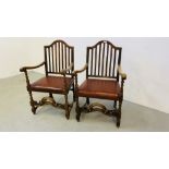 PAIR OF OAK FRAMED STRUNG BACK ELBOW CHAIRS WITH TANNED LEATHERETTE SEATS.