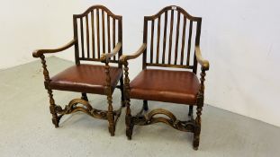 PAIR OF OAK FRAMED STRUNG BACK ELBOW CHAIRS WITH TANNED LEATHERETTE SEATS.