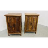 A PAIR OF SMALL REPRODUCTION ORIENTAL DESIGN TWO DOOR HARDWOOD CABINETS WITH SINGLE INTERNAL DOOR -