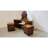 A STAINED SOLID PINE TWIN PEDESTAL DRESSING TABLE WITH VANITY SWING MIRROR AND A MATCHING PAIR OF