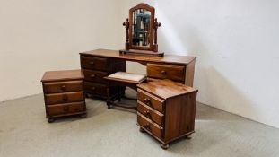 A STAINED SOLID PINE TWIN PEDESTAL DRESSING TABLE WITH VANITY SWING MIRROR AND A MATCHING PAIR OF