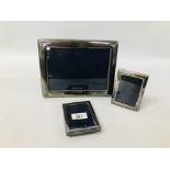 SILVER PHOTO FRAME W 17CM X H 22CM + 2 SMALLER SILVER PHOTO FRAMES - W 8CM X H 10.5CM.