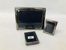 SILVER PHOTO FRAME W 17CM X H 22CM + 2 SMALLER SILVER PHOTO FRAMES - W 8CM X H 10.5CM.