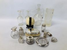 A COLLECTION OF SILVER TOPPED DRESSING TABLE ITEMS TO INCLUDE HEART SHAPED TRINKET, PIN POTS,