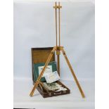 ROWNEY ARTISTS EASEL ALONG WITH A BOX OF ARTIST EQUIPMENT ETC.