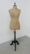 A VINTAGE TAILOR'S / DRESS MAKERS DUMMY ON ADJUSTABLE PEDESTAL STAND