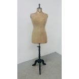 A VINTAGE TAILOR'S / DRESS MAKERS DUMMY ON ADJUSTABLE PEDESTAL STAND