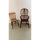 A STICK BACK WINDSOR STYLE CHAIR AND ANTIQUE ELM SEAT SLAT BACK KITCHEN CHAIR