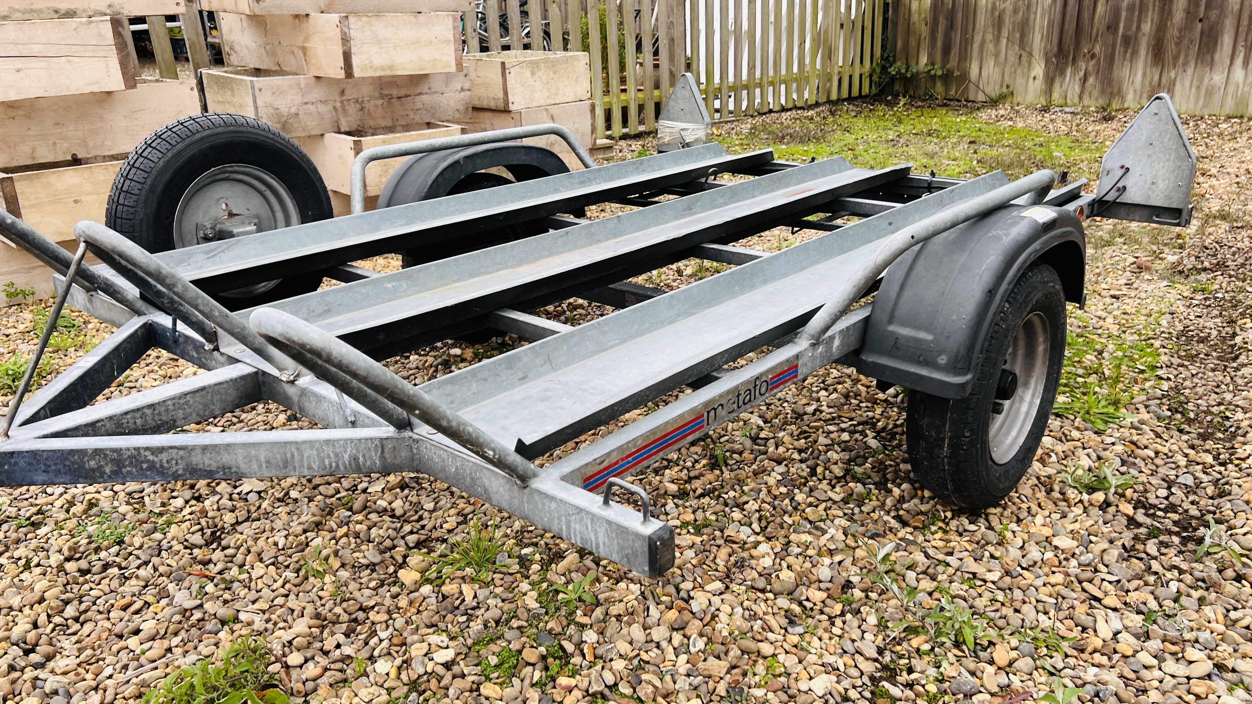 A METAFO GALVANISED MOTORCYCLE CAR TRAILER (THREE BIKE CAPACITY) - ROAD TYRES REQUIRE REPLACEMENT, - Image 3 of 13