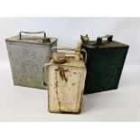 3 X VINTAGE PETROL CANS TO INCLUDE PRATTS, SHELL-MEX AND VALOR ESSO BLUE PARAFFIN.