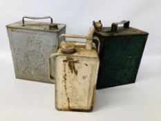 3 X VINTAGE PETROL CANS TO INCLUDE PRATTS, SHELL-MEX AND VALOR ESSO BLUE PARAFFIN.