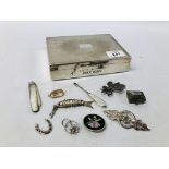 BOX OF MIXED SILVER ITEMS INCLUDING AN ARTICULATED FISH BROOCH AND MOTHER OF PEARL FRUIT KNIFE,