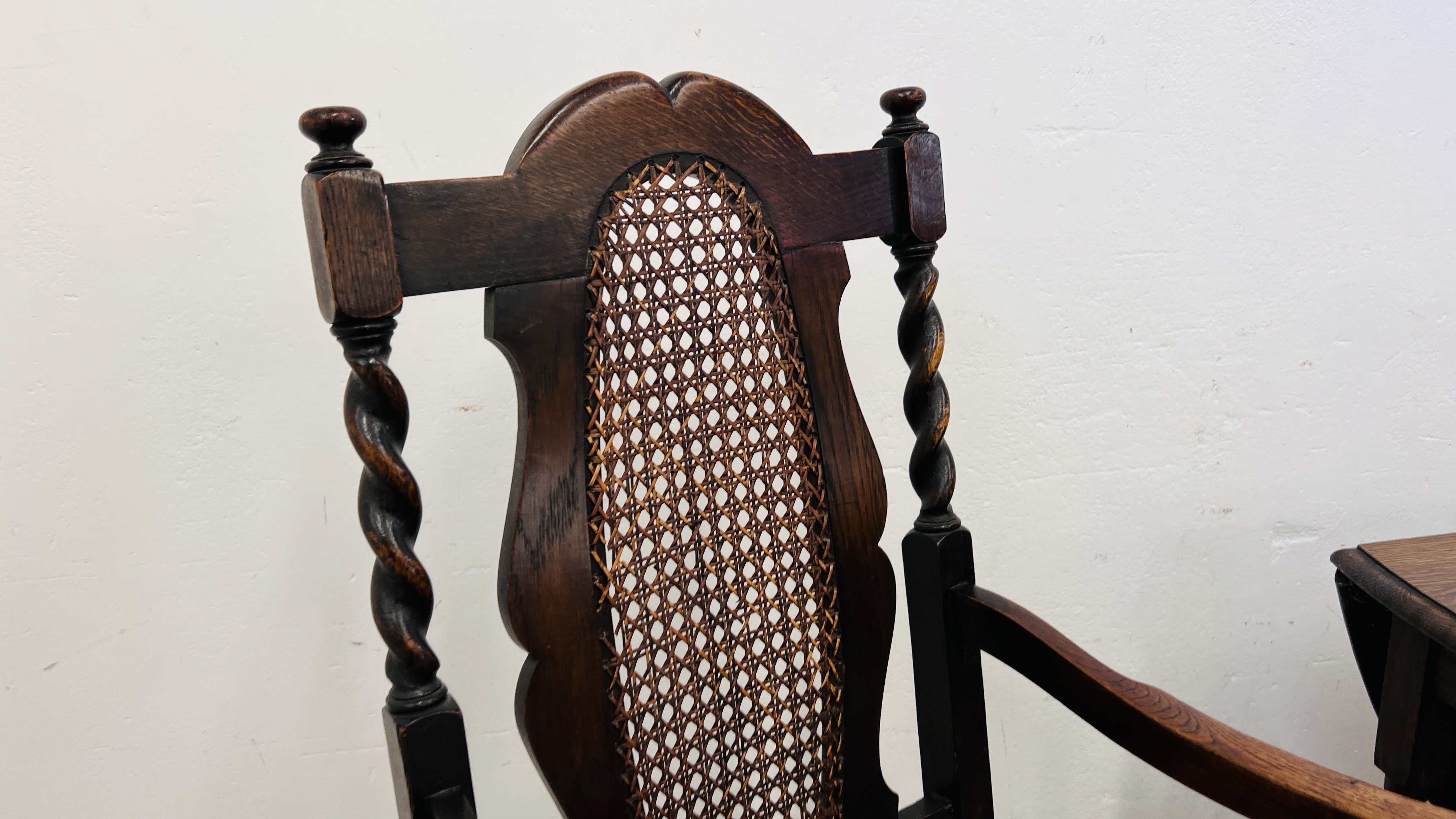 PAIR OF OAK BARLEY TWIST ELBOW CHAIRS WITH RATTAN WORK TO BACK PANELS AND SMALL OAK BARLEY TWIST - Image 4 of 14