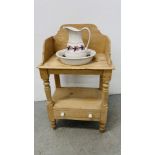 VINTAGE PINE WASHSTAND WITH A GLAZED JUG AND BOWL W 61CM, D 41CM, H 102CM.