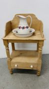 VINTAGE PINE WASHSTAND WITH A GLAZED JUG AND BOWL W 61CM, D 41CM, H 102CM.