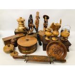 BOX OF WOODEN TREEN ITEMS TO INCLUDE JEWELLERY BOXES, ORNAMENTAL DOUBLE HANDLED SWORD, TIE PRESS,