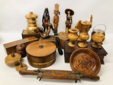 BOX OF WOODEN TREEN ITEMS TO INCLUDE JEWELLERY BOXES, ORNAMENTAL DOUBLE HANDLED SWORD, TIE PRESS,