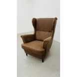 A MODEERN IKEA DESIGNER WINGED ARM CHAIR FAUX BROWN SUEDE UPHOLSTERTY