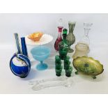 COLLECTION OF GLASSWARE TO INCLUDE 2 ART GLASS VASES AND A BASKET, MILK GLASS TAZZA,