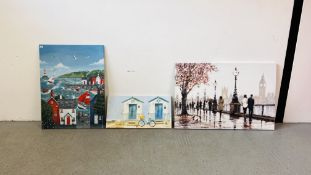 3 MODERN ART CANVAS PRINTS TO INCLUDE LARGE LONDON SCENE 120CM. X 80CM., COASTAL HARBOUR SCENE 75CM.