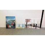 3 MODERN ART CANVAS PRINTS TO INCLUDE LARGE LONDON SCENE 120CM. X 80CM., COASTAL HARBOUR SCENE 75CM.