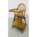 A VINTAGE WOODEN CHILD'S HIGH CHAIR - FOR DECORATIVE PURPOSES ONLY