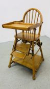 A VINTAGE WOODEN CHILD'S HIGH CHAIR - FOR DECORATIVE PURPOSES ONLY