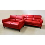 A MODERN DESIGNER RED LEATHER TWO PIECE LOUNGE SUITE COMPRISING 3 SEATER - L 200CM AND 2 SEATER - L