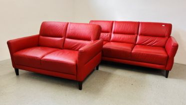 A MODERN DESIGNER RED LEATHER TWO PIECE LOUNGE SUITE COMPRISING 3 SEATER - L 200CM AND 2 SEATER - L